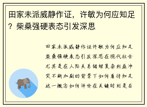 田家未派威静作证，许敏为何应知足？柴桑强硬表态引发深思