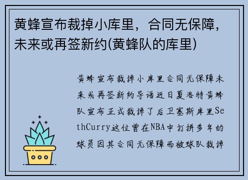 黄蜂宣布裁掉小库里，合同无保障，未来或再签新约(黄蜂队的库里)
