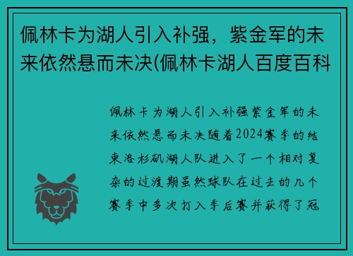 佩林卡为湖人引入补强，紫金军的未来依然悬而未决(佩林卡湖人百度百科)
