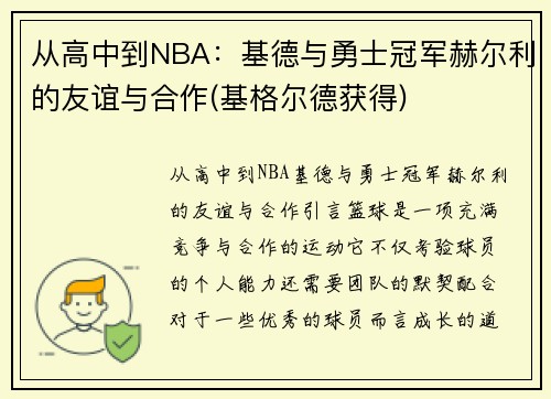 从高中到NBA：基德与勇士冠军赫尔利的友谊与合作(基格尔德获得)